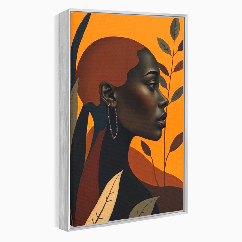 Tablou canvas cu ilustratie digitala cu profil de femeie, in rama de aluminiu argintiu